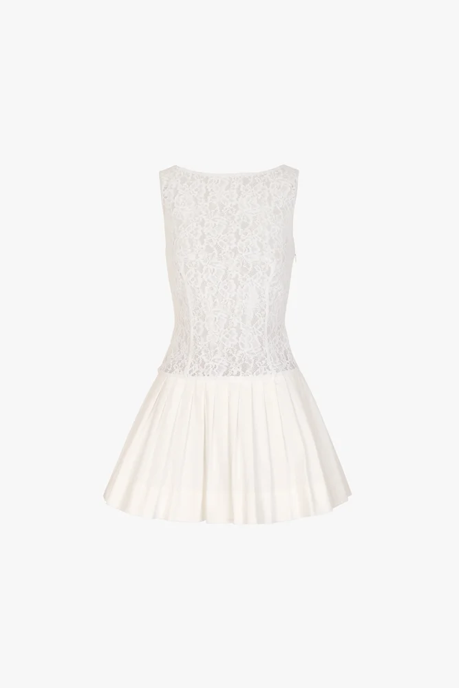 Lace Poplin Mini Dress (White)