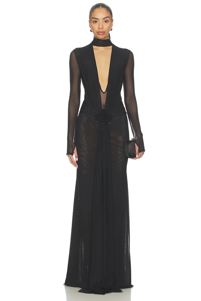 V-Neck Long Sleeve Mesh Gown