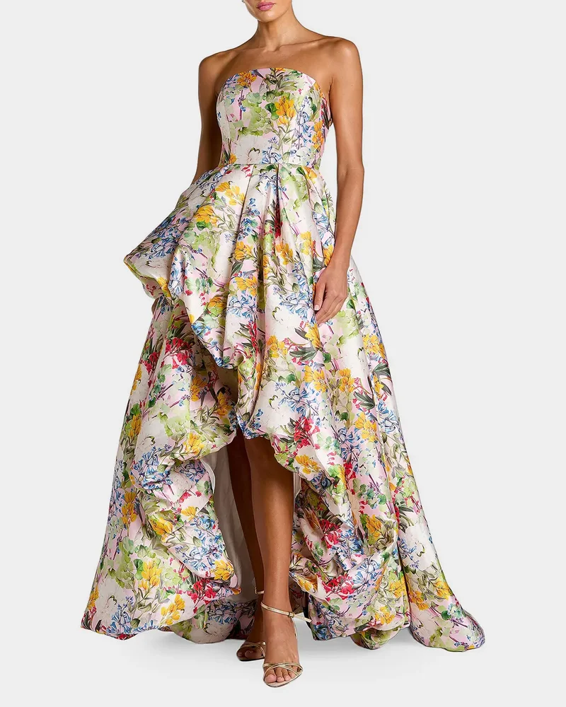Floral Mikado Strapless High-Low Bubble Hem Gown