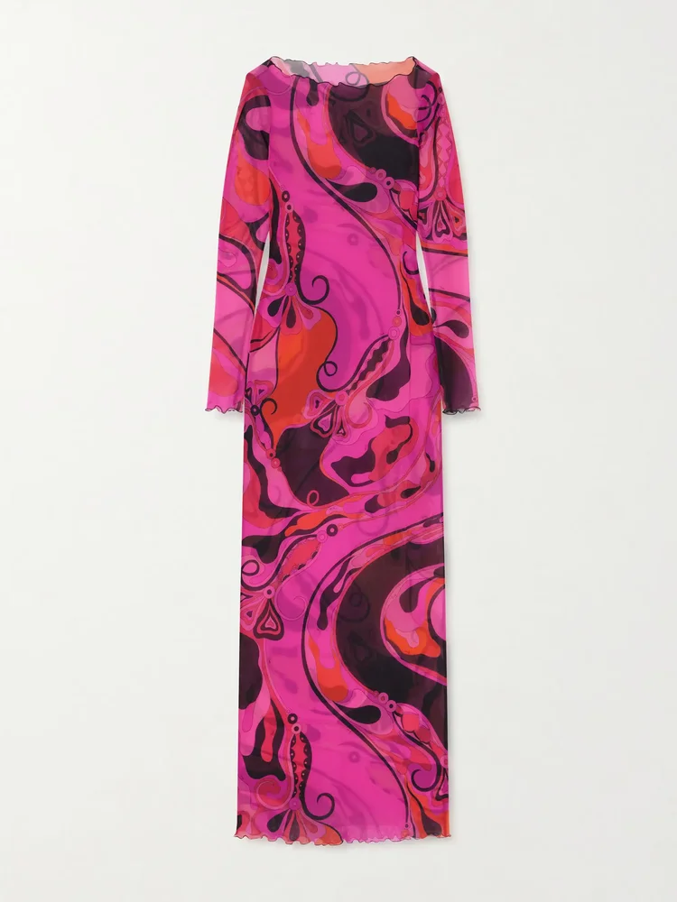 Printed tulle maxi dress