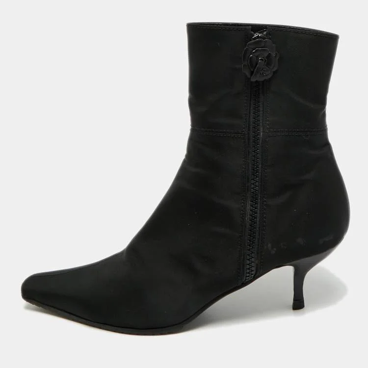 Chanel Size 38 Black Nylon Camellia Flower Zip Ankle Length Boots