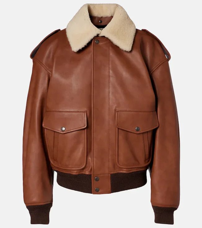 Shearling-trimmed leather bomber jacket