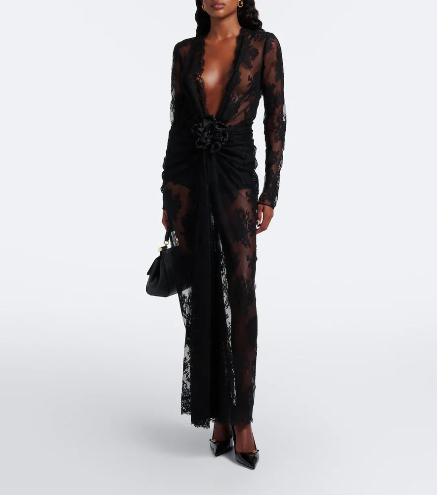 Gathered cotton-blend lace maxi dress