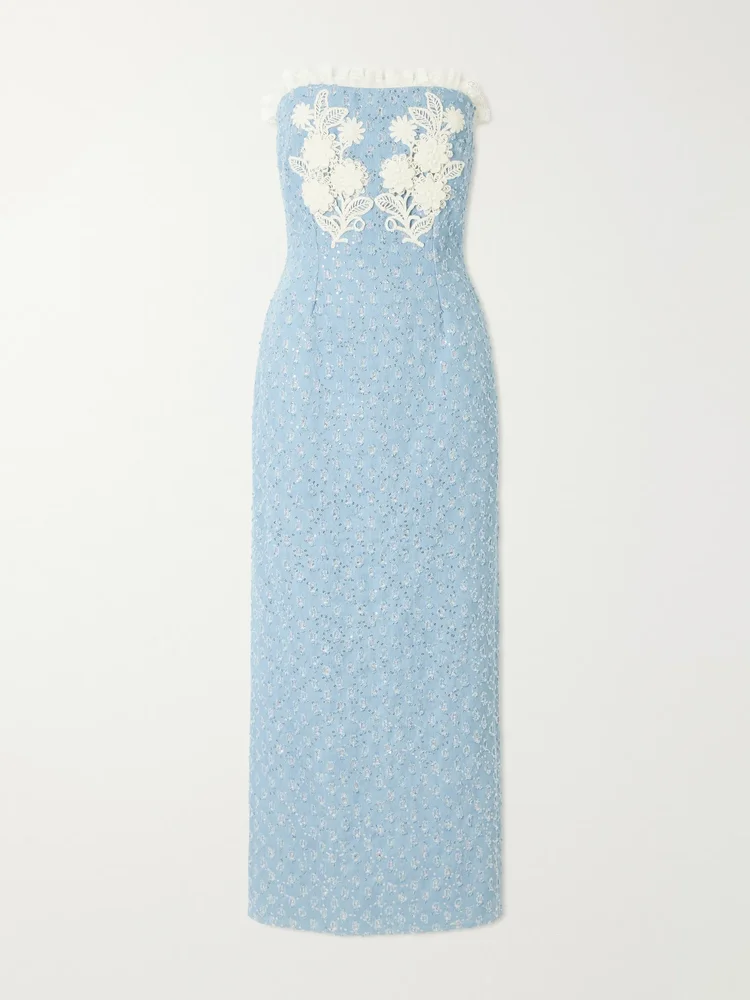 Appliquéd sequin-embellished lace-trimmed denim midi dress