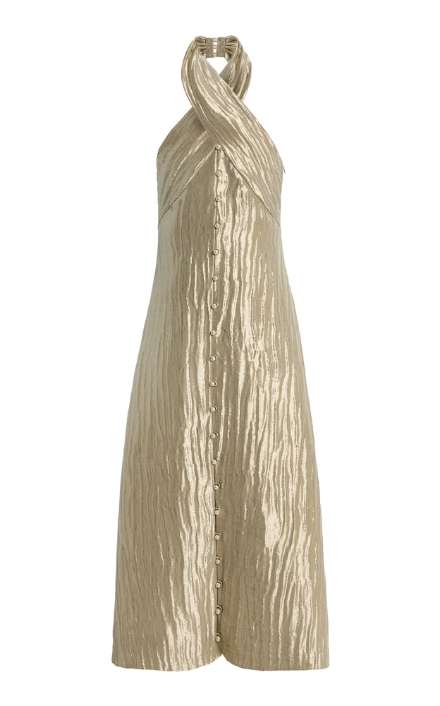 Exclusive Twisted Lamé Maxi Halter Dress