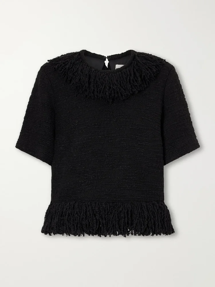 Fringed wool-blend tweed top