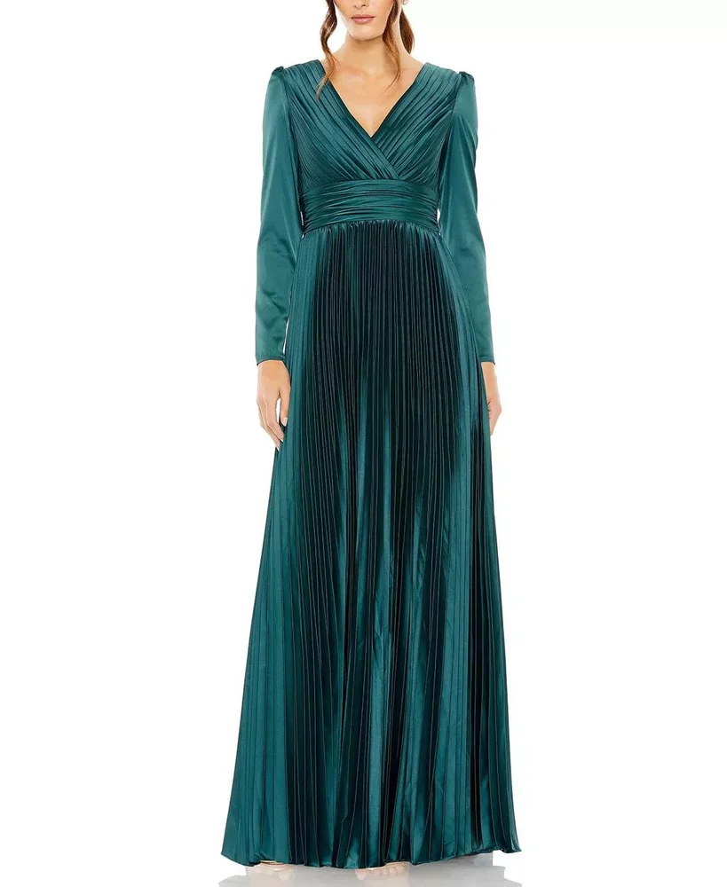 Pleated Long Sleeve A-Line Gown