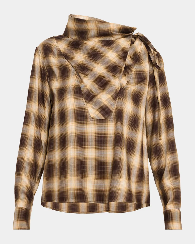 Plaid Mock-Neck Long-Sleeve Blouse