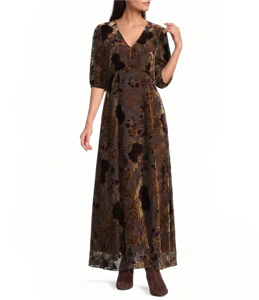 Burnout Velvet Floral Print V-Neck Elbow-Length Sleeve Midi Dress
