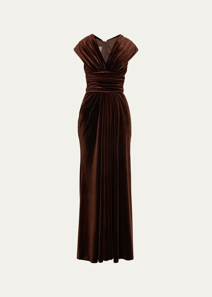 V-Neck Gathered Stretch Velour Column Gown