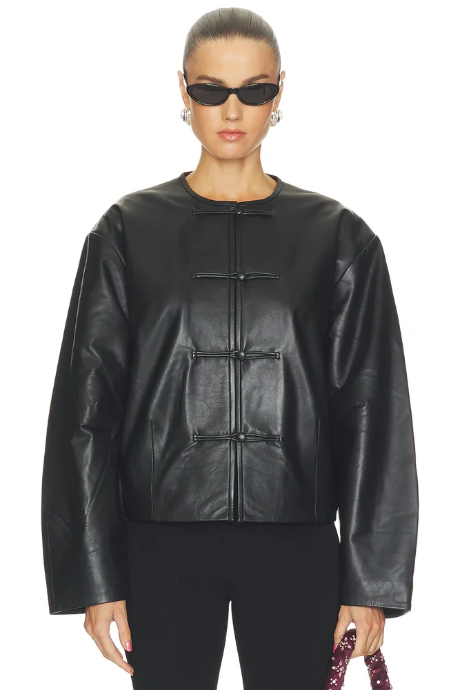 Button Detail Cocoon Leather Jacket