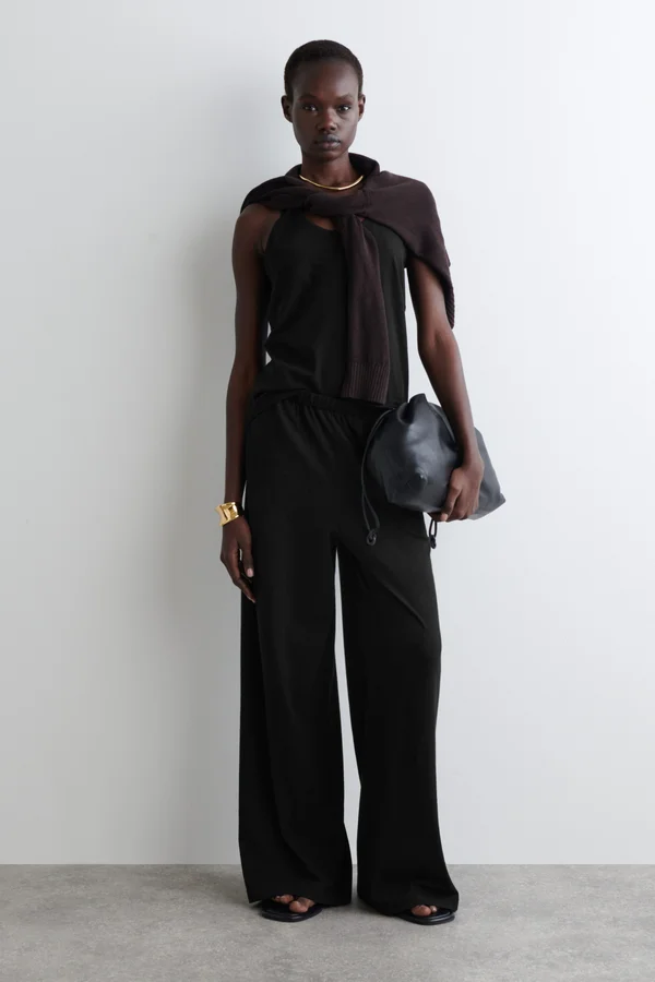 COTTON-LINEN WIDE-LEG TROUSERS - BLACK