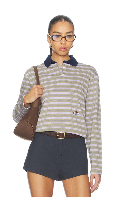 X Fruit Of The Loom Striped Long Sleeve Polo in Lavender Stripe HOMMEgirls