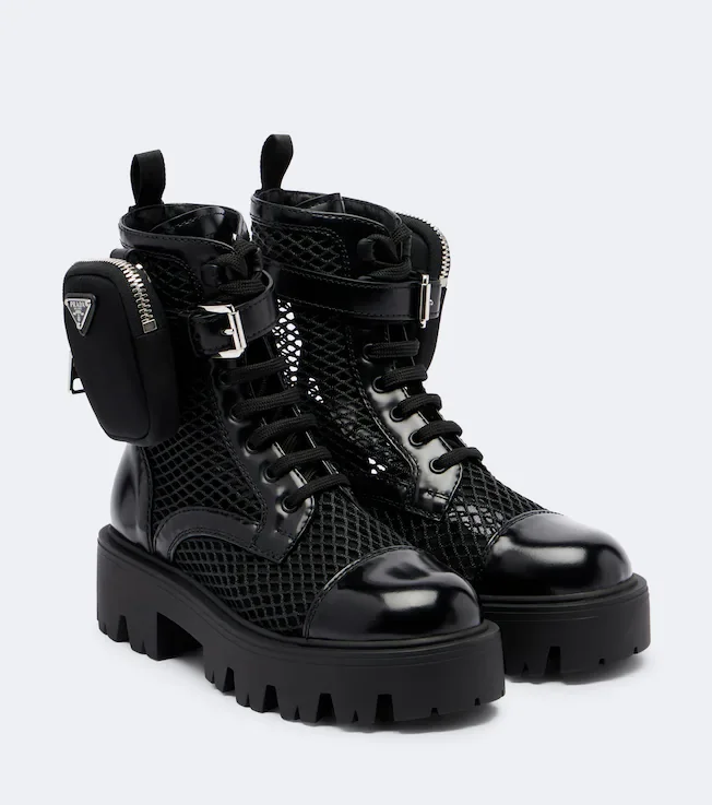 Leather-trimmed mesh combat boots
