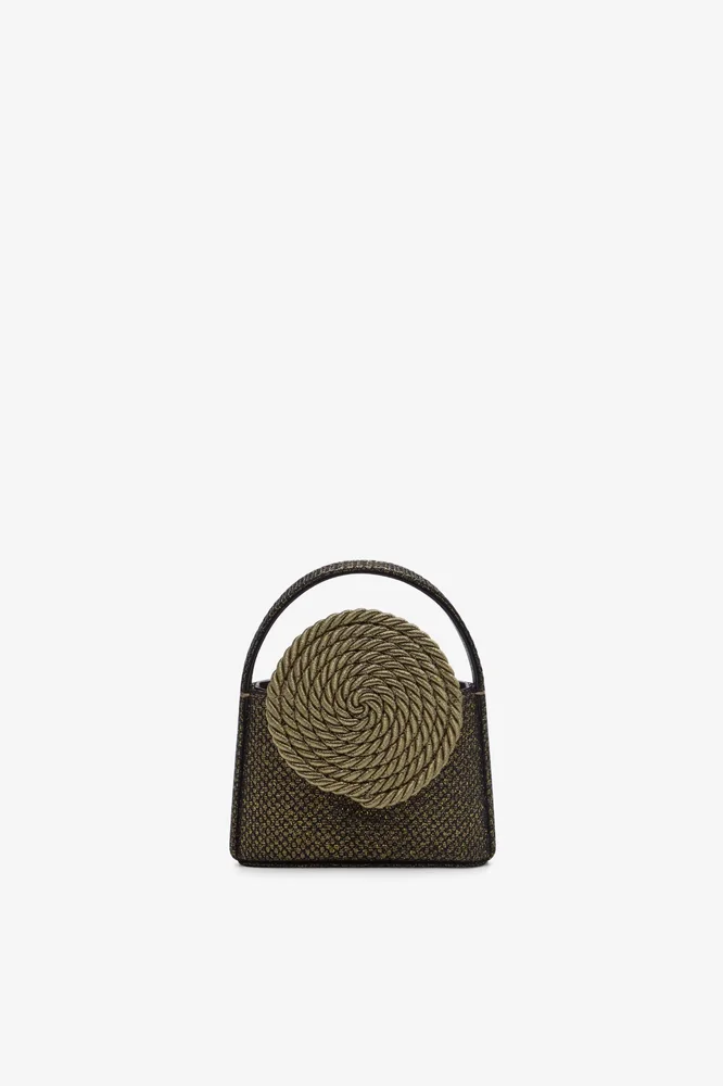 Antique gold glitter mini top-handle bag with passementerie detail