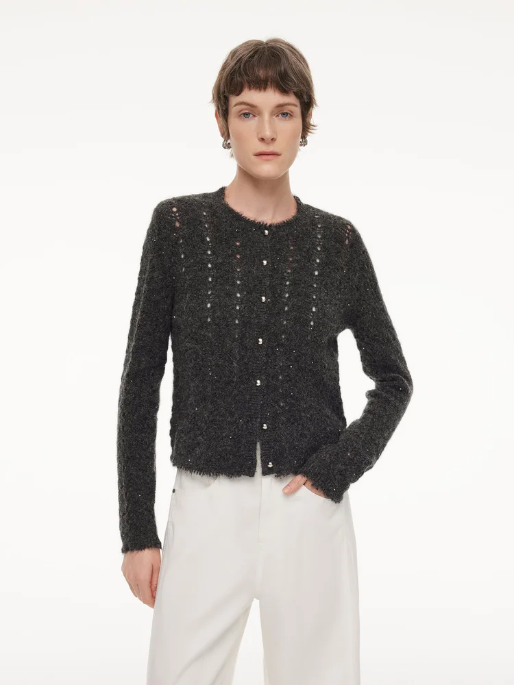 Alpaca Wool Blend Frayed Edges Women Open-Knit Cardigan