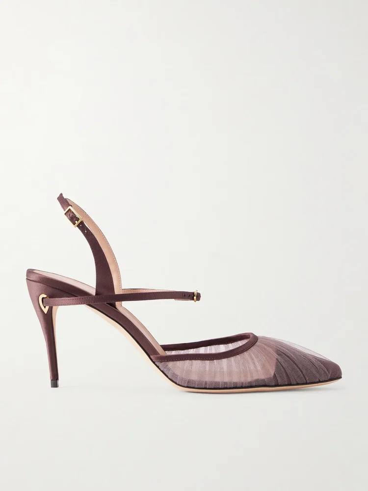 Vittorio 85 satin-trimmed tulle slingback pumps