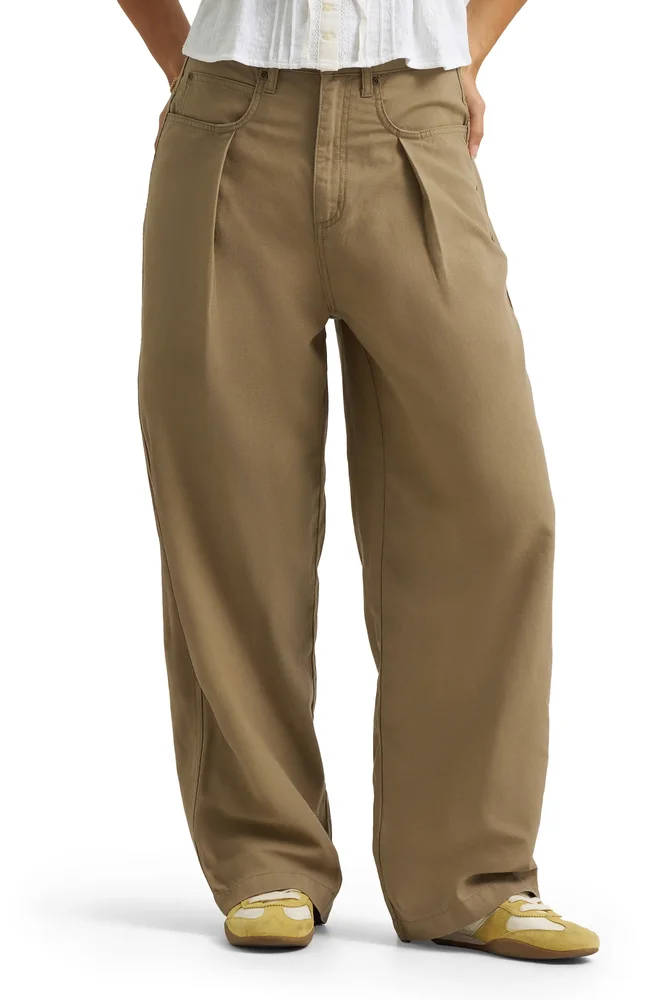 Pleated Slouchy Wide Leg Twill Pants