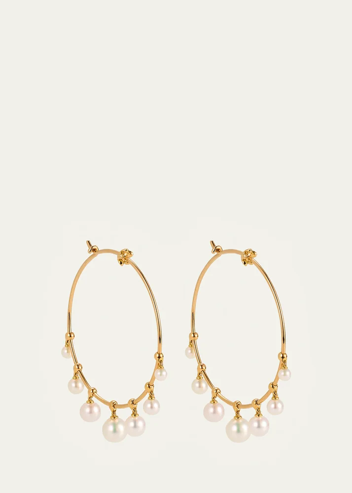 18K Yellow Gold Wind Chime Earrings with Akoya Pearls, 36mm