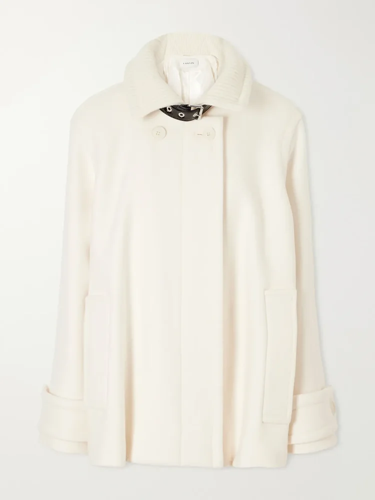 Belted leather-trimmed wool trench coat