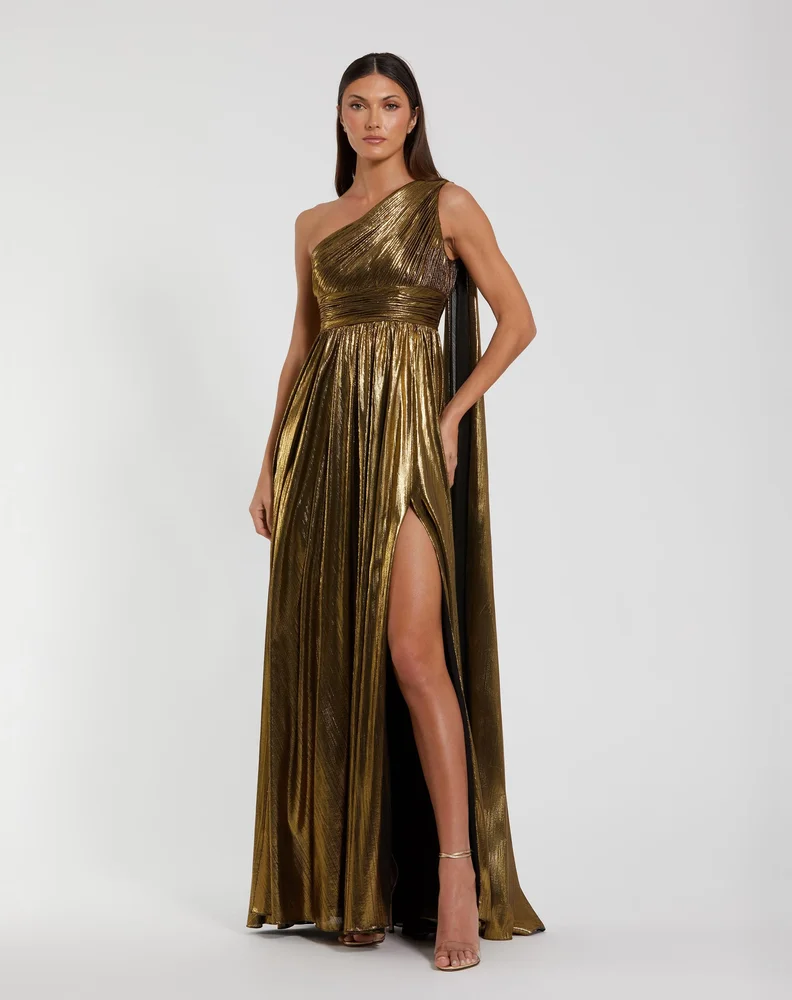 Metallic One Shoulder Gown With Slit