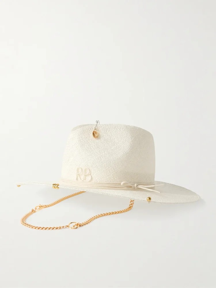 Embroidered embellished cotton-trimmed straw fedora