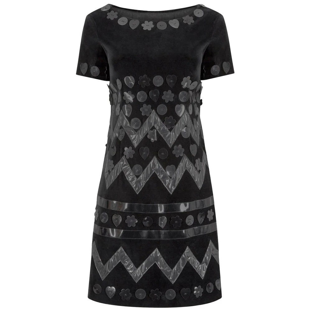 1990s Moschino Black Velvet Dress With Novelty Vinyl Appliques