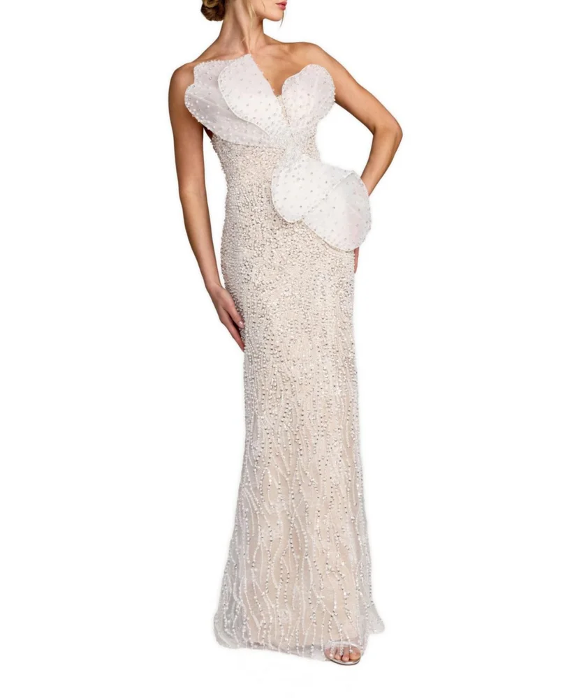 Sequin Organza Strapless Bow Detail Column Gown