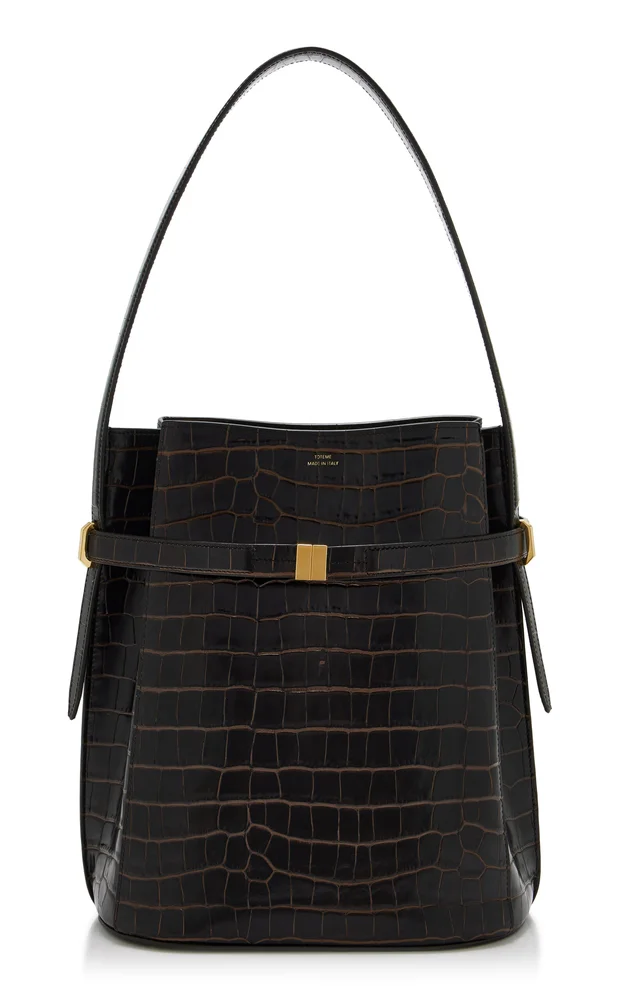 Belted Croco-embossed Bucket Bag