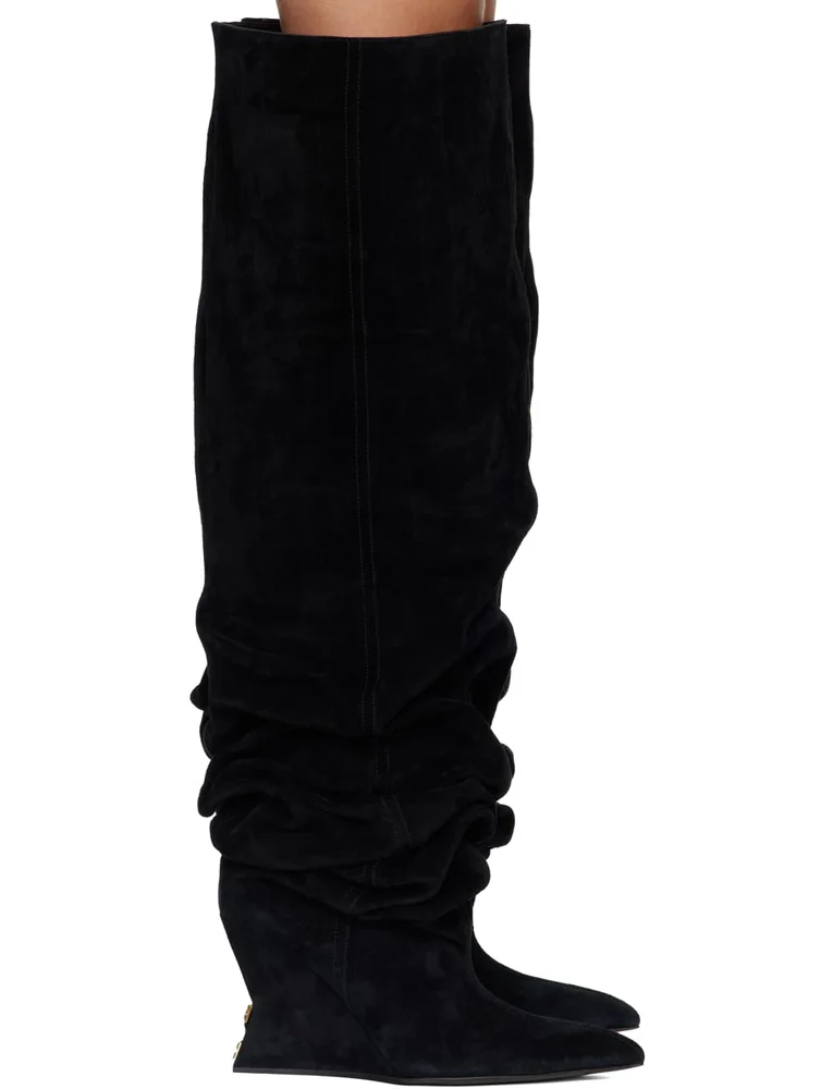 Black Suede Leather Wedge Thigh-High Boots