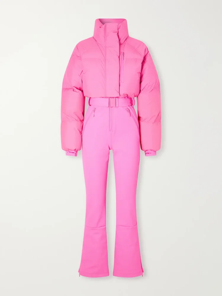 Myoko belted quilted shell down ski suit