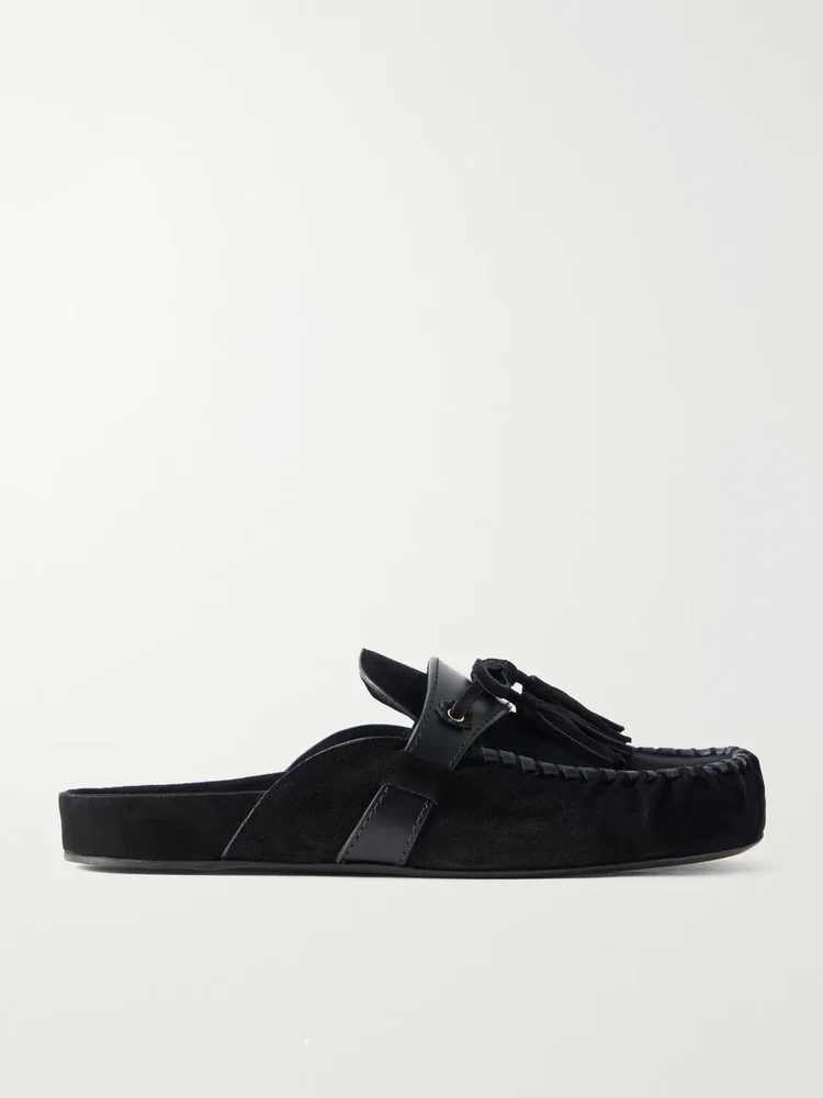 Malvin tasseled leather-trimmed suede mules