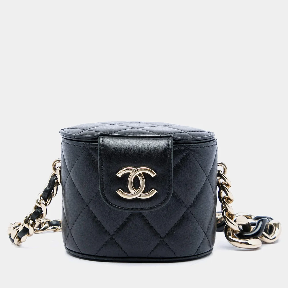 Mini Quilted Lambskin Round Vanity Case with Chain Black Lambskin Leather Crossbody Bag