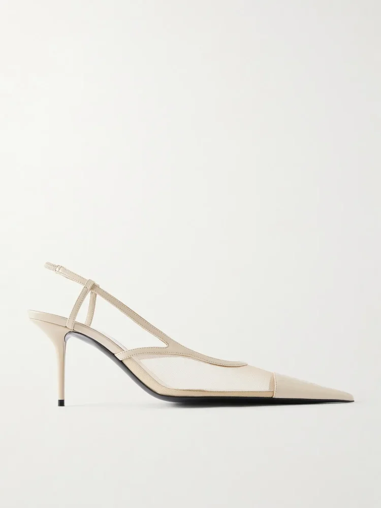 renee cassandre embroidered patent leather trimmed mesh slingback pumps