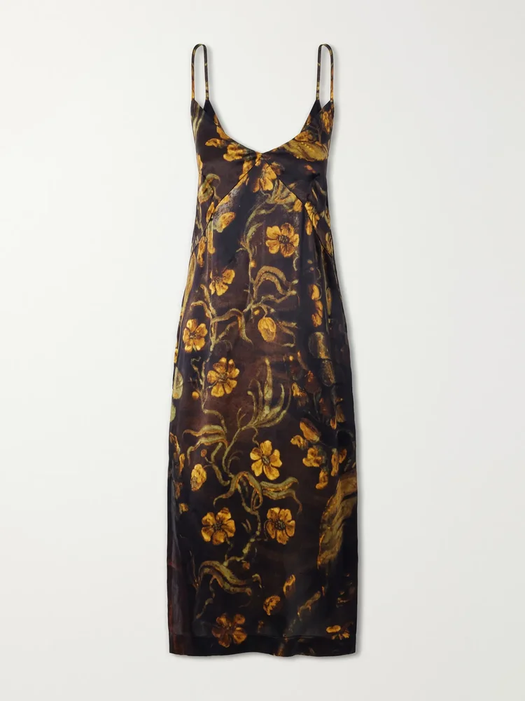 Floral-print silk-satin midi dress