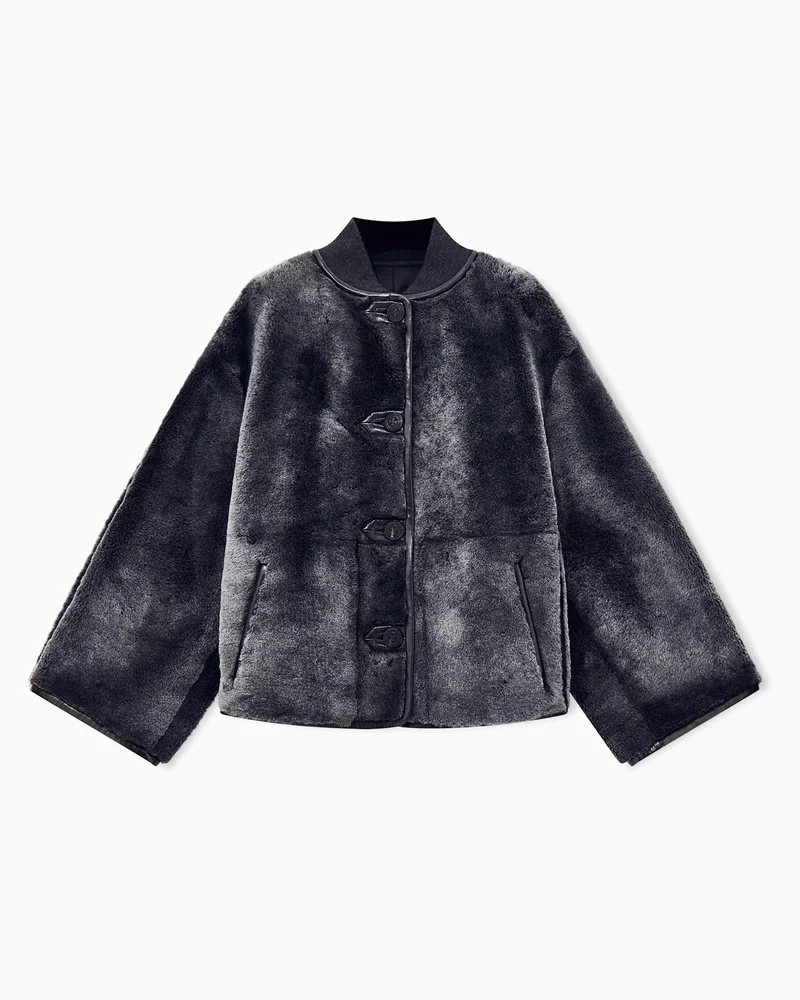 Blouson jacket reversible in shearling with knitted collar