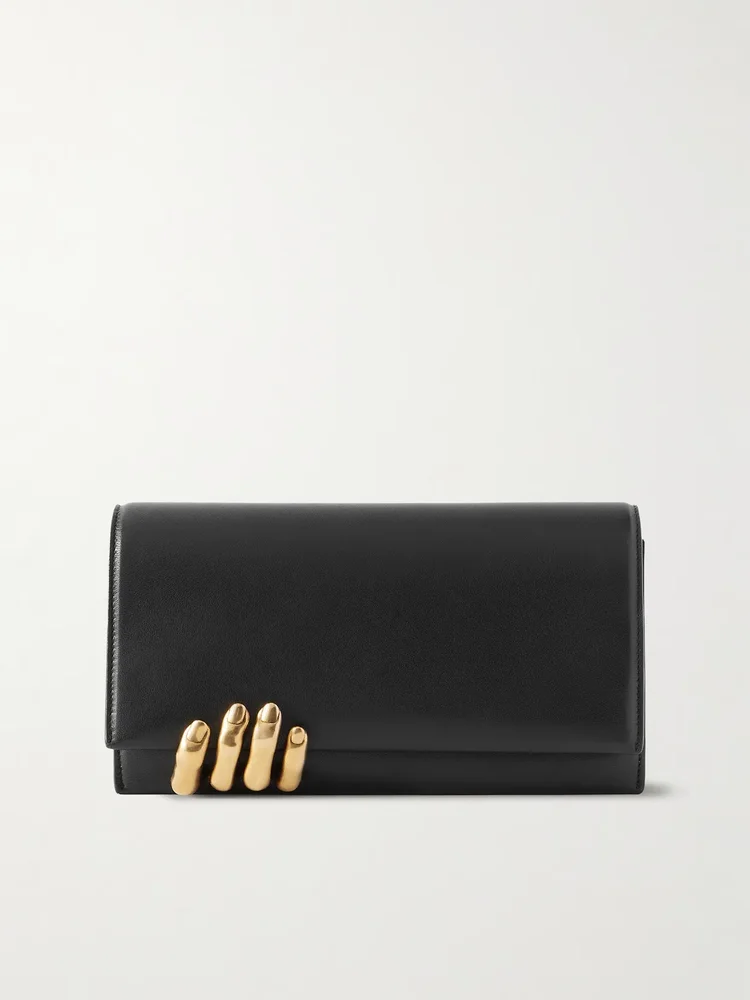 Embellished textured-leather clutch