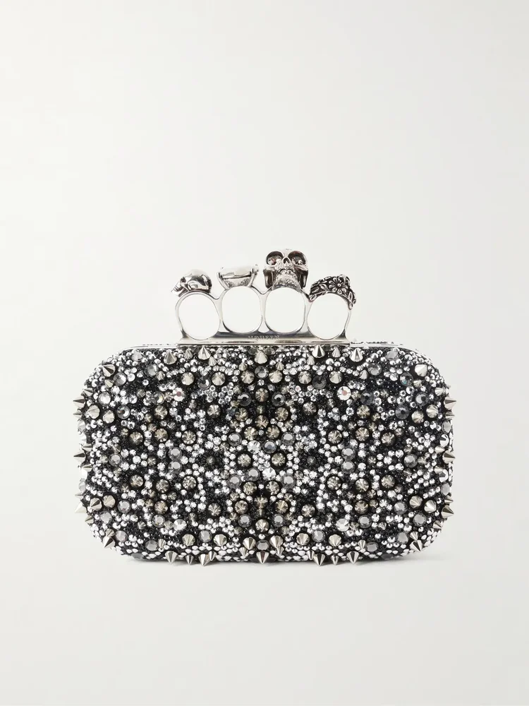 studded crystal embellished satin clutch