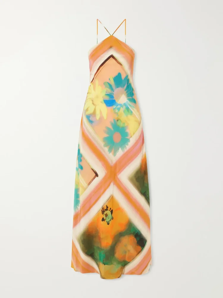 cubism striped floral print satin maxi dress