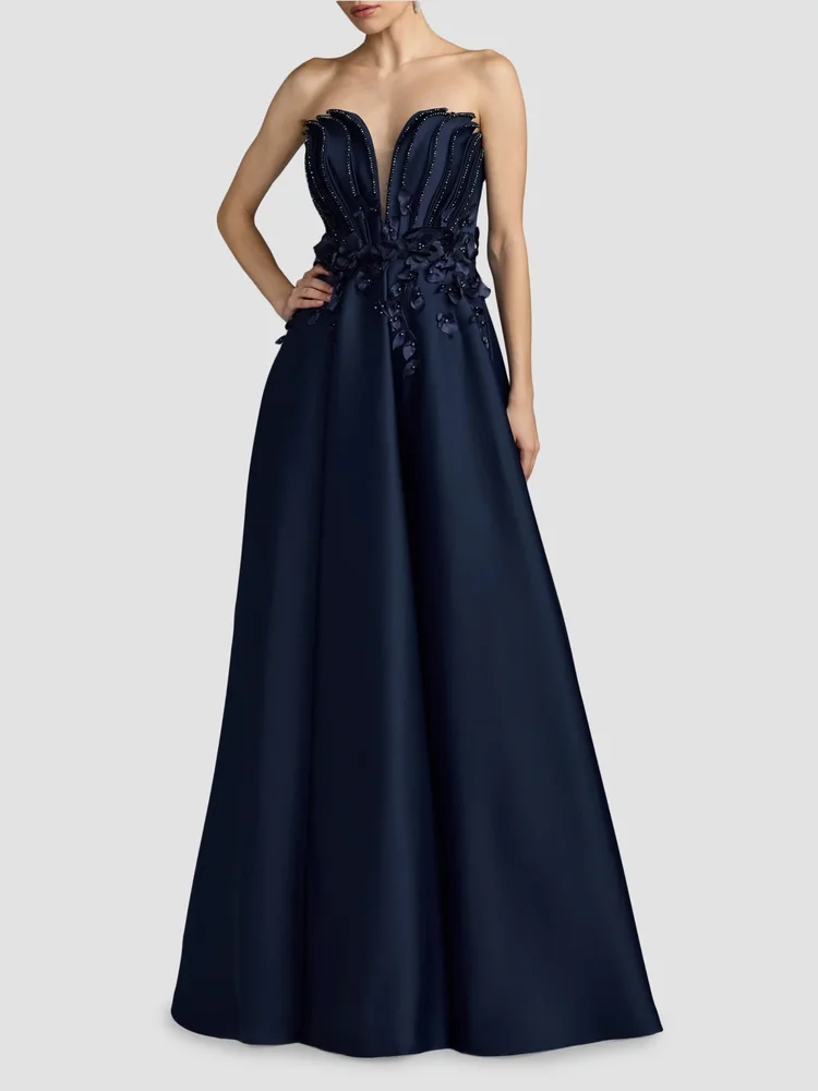 Beaded Floral-Appliquéd Charmeuse Strapless Gown