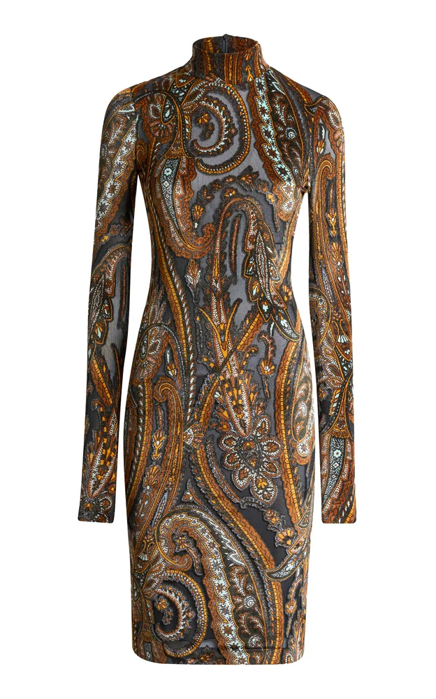Patterned Mock Neck Knee-Length Dress