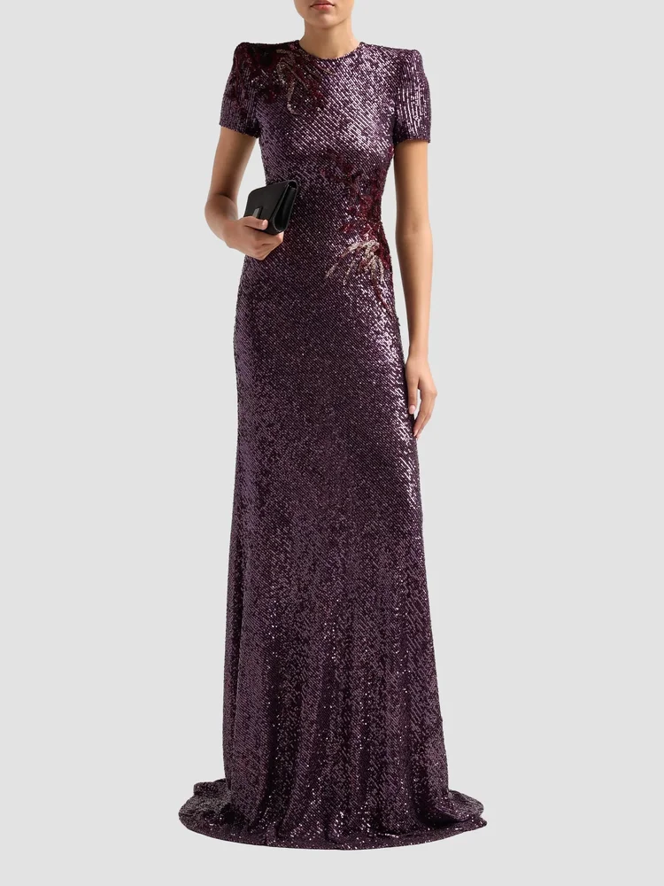 Sequined Beaded Flower A-Line Gown