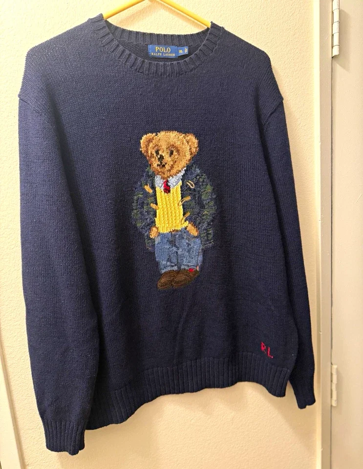 Vintage 90s Polo Ralph Lauren Preppy Polo Bear Hand-Knit Sweater