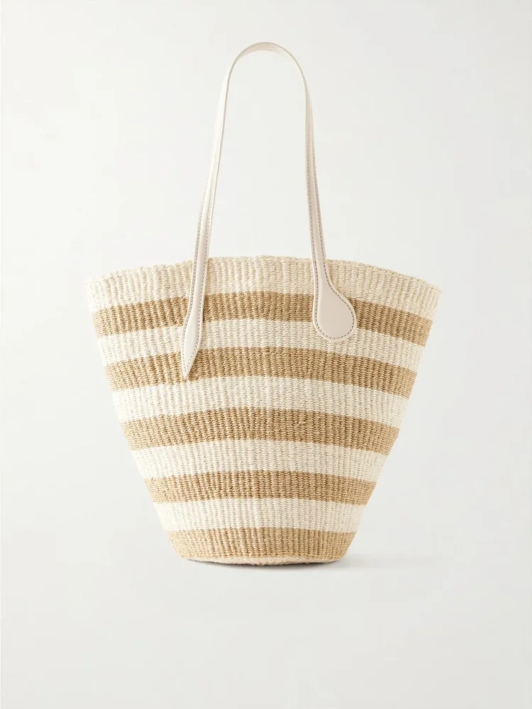 Striped leather-trimmed raffia tote bag