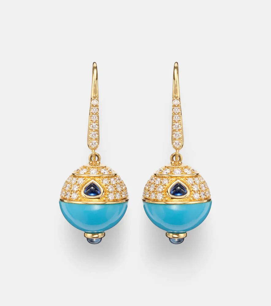 18kt gold earrings with turquoise, sapphire, and diamonds