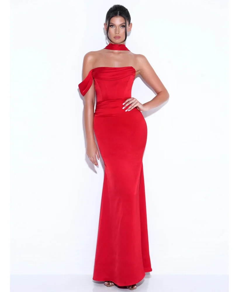 Women Ivona Red Halter Neck Double Duchess Satin Gown