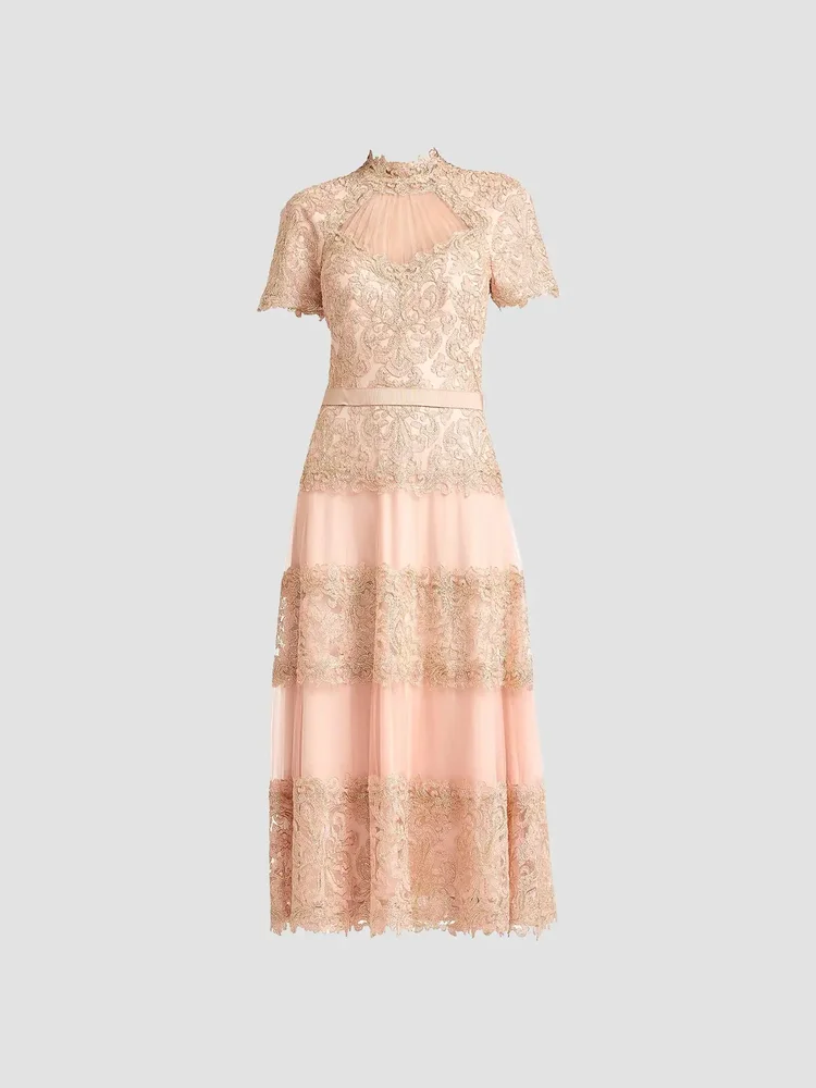 Stelly Lotus-Embroidered Tulle Cocktail Dress