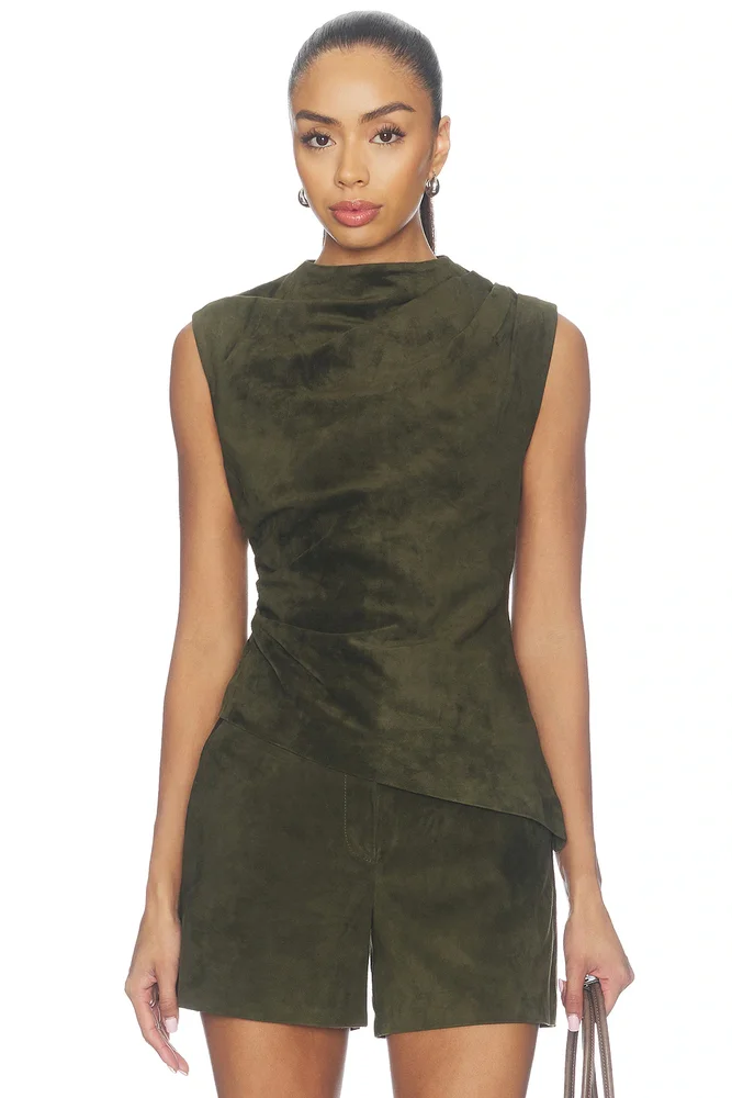 Lamb Leather Suede Ruched Top