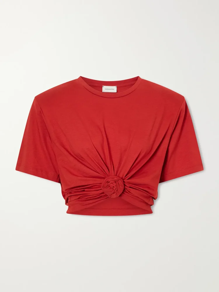 Knotted cropped cotton-blend jersey T-shirt