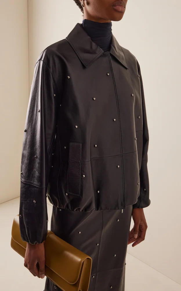 Studded Leather Bomber Jacket